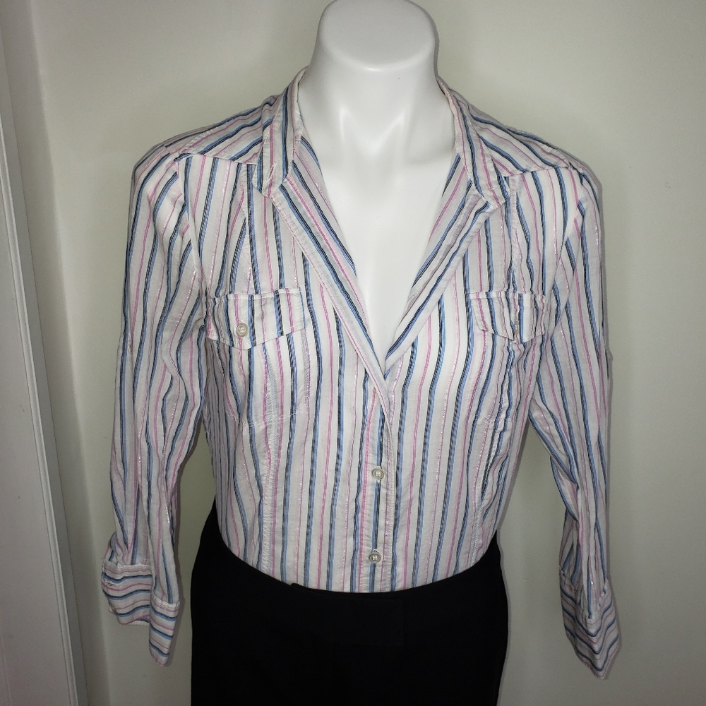 Silver, blue, & pink striped shirt, NY & Co., sz Medium